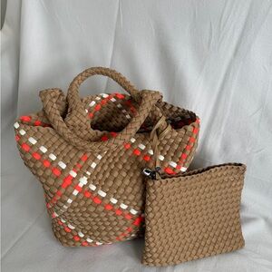 Chic Brown Woven Tote with Red and White Highlights - Medium size